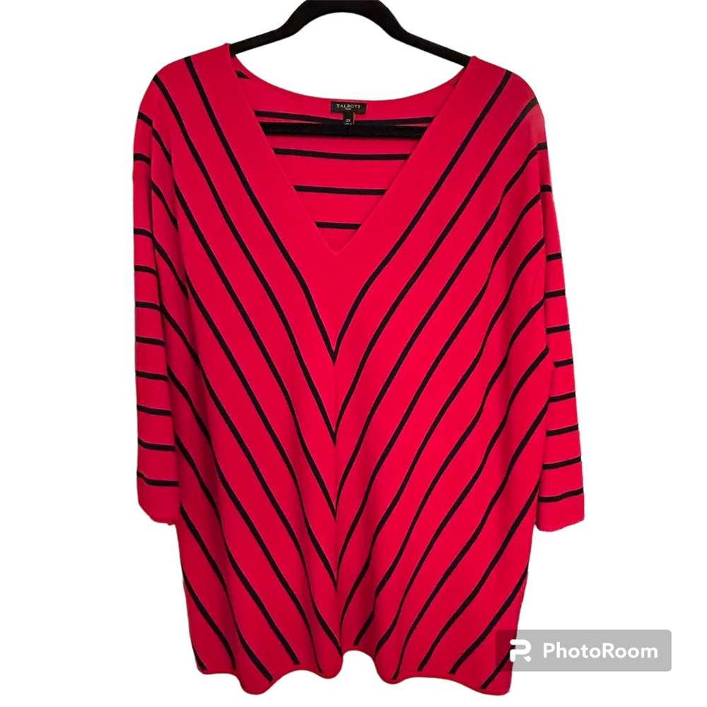 Talbots Red & Blue Striped 3/4 sleeve V-Neck Sweater Size 2X